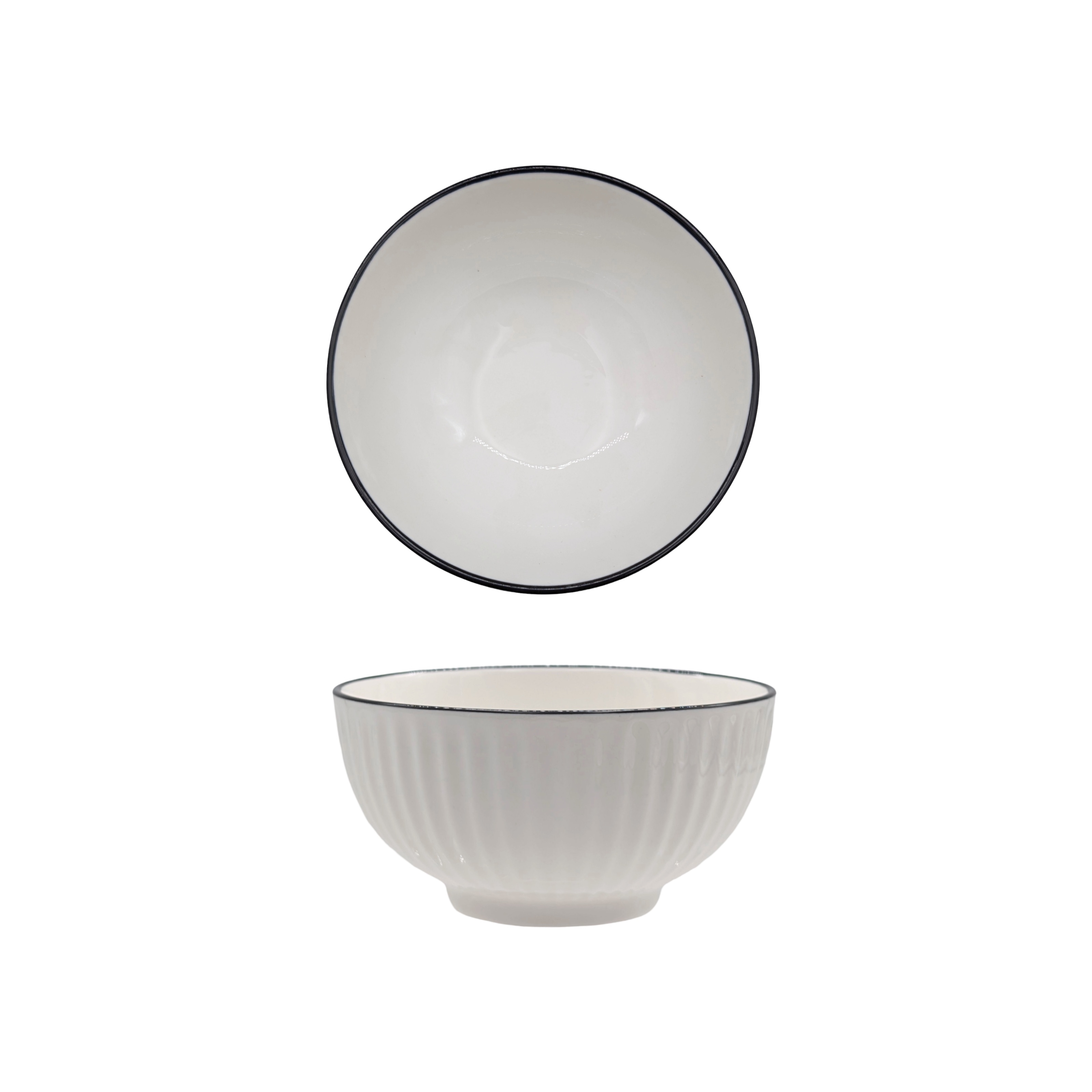 V637-TAB36445-202508260625-00 bulk 24 Sorrento Porcelain Embossed Rice Bowl w Black Rim 4.5" 11cm - Image 1