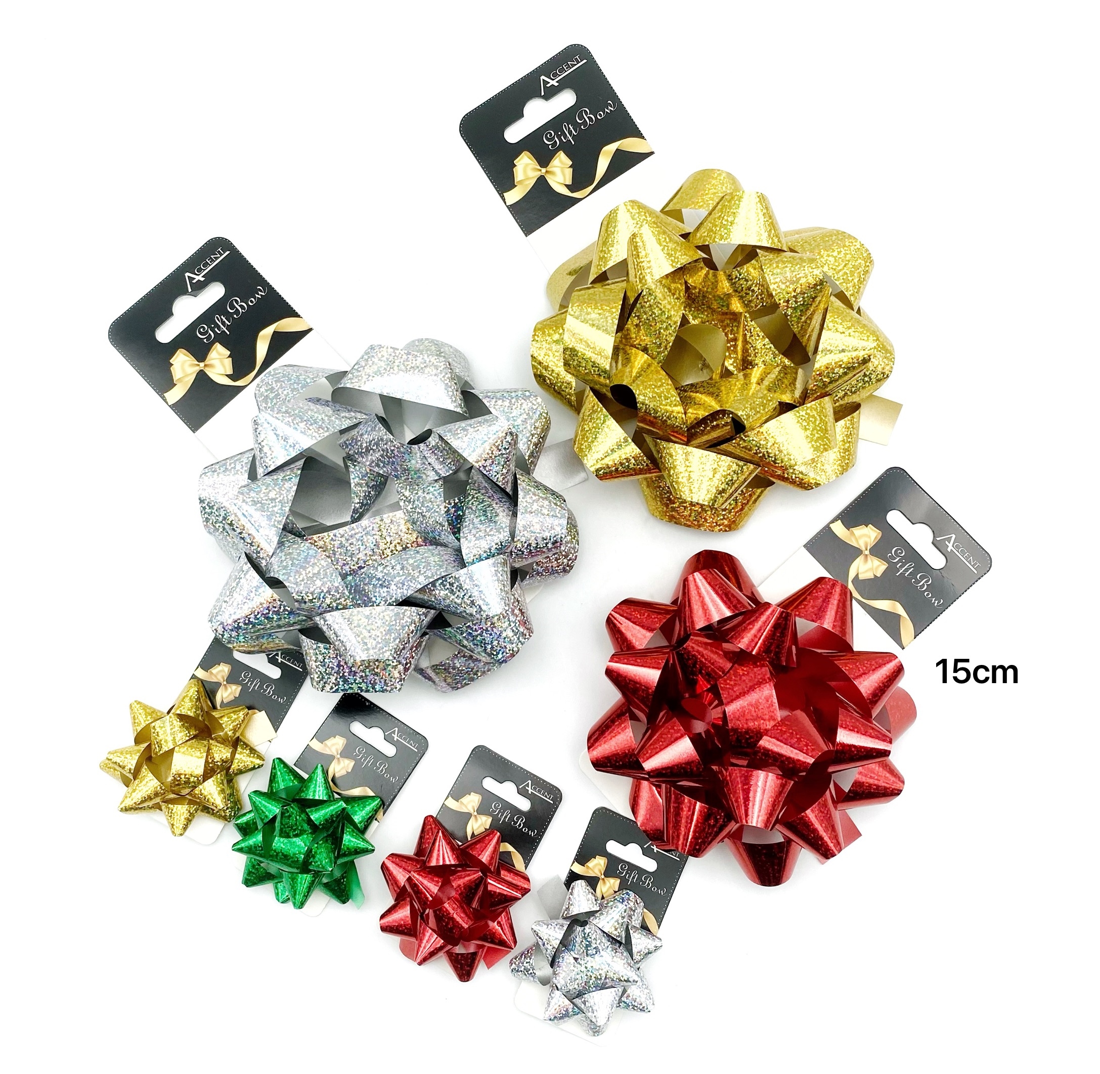 V637-WRP31744-202508260740-00 bulk 24 Holographic Gift Bow 15cm Assort Cols - Image 1