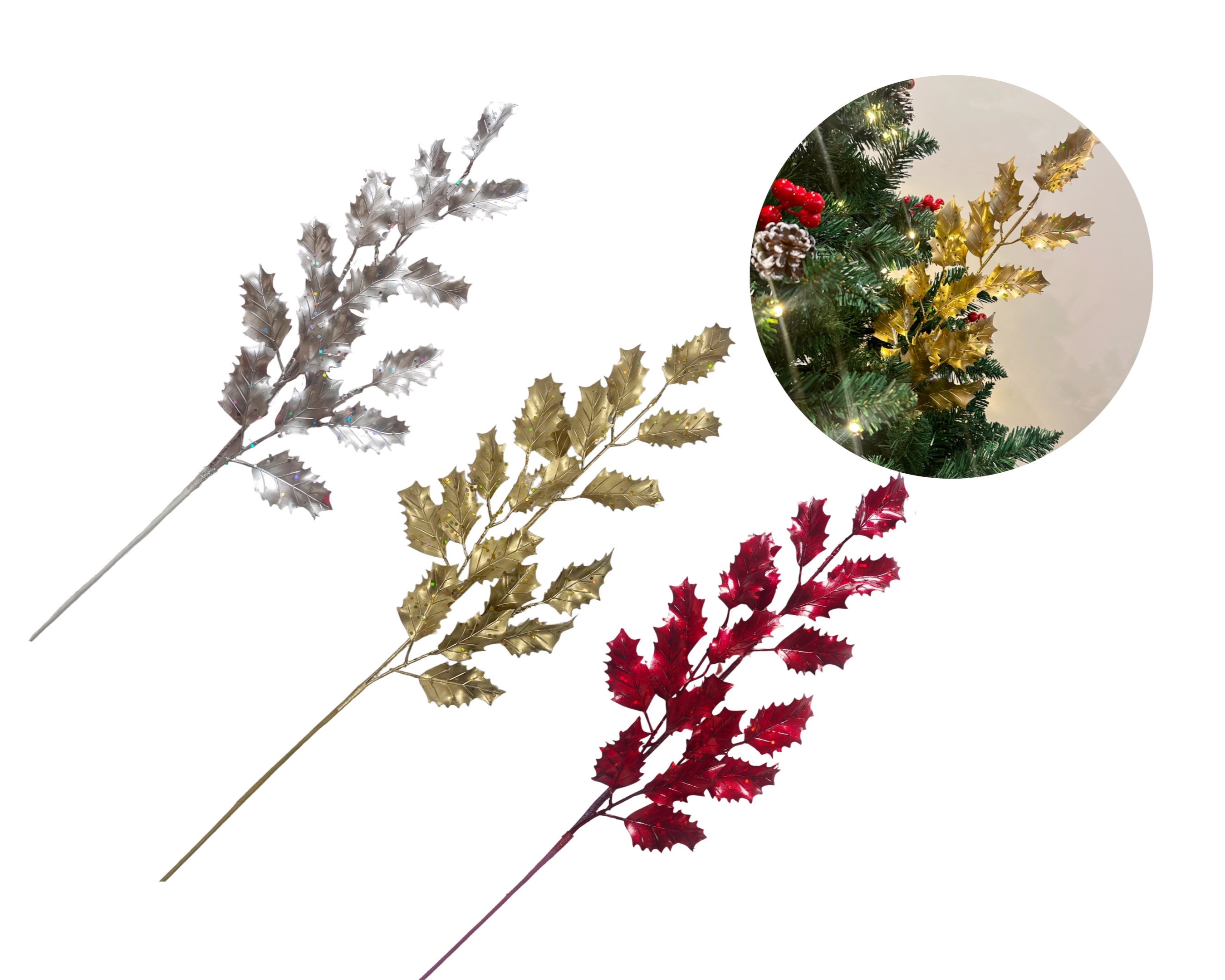 V637-XMS34587-202508260840-00 bulk 24 Xmas Metallic Leaves Tree Deco Assort 68cm - Image 1