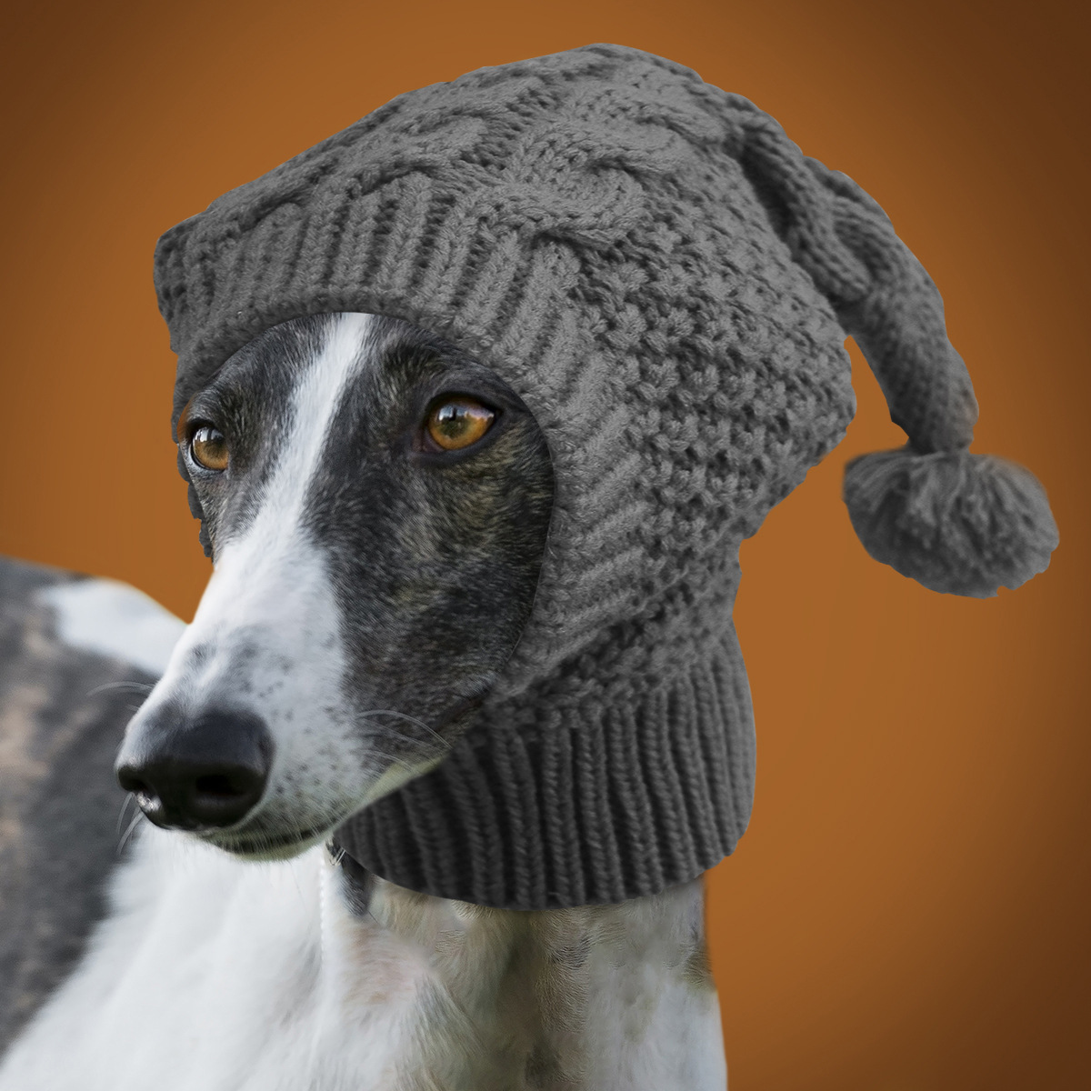 V888-ELOSUNG32793-202507021021-00 Size M Grey Whimsical Knit Dog Hat with Pom-Pom - Cozy Winter Pet Beanie & Snood - Image 1