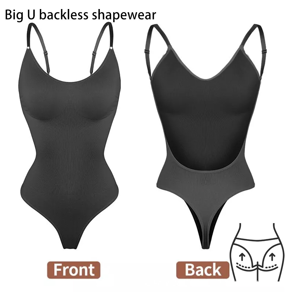 V888-ELOSUNG32875-202507081110-00 2 Pcs Size M Black Seamless Backless Bodysuit Shapewear - Deep U-Plunge Tummy Control Thong Shaper - Image 1