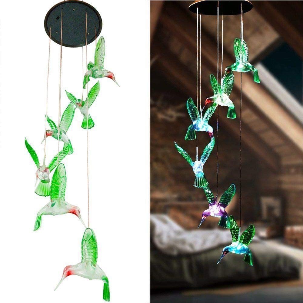 V888-ELOSUNG32987-202507180926-00 Green Solar Powered Hummingbird Wind Chime(Without bell) - Color-Changing LED Hanging Garden Light Outdoor Decor - Image 1