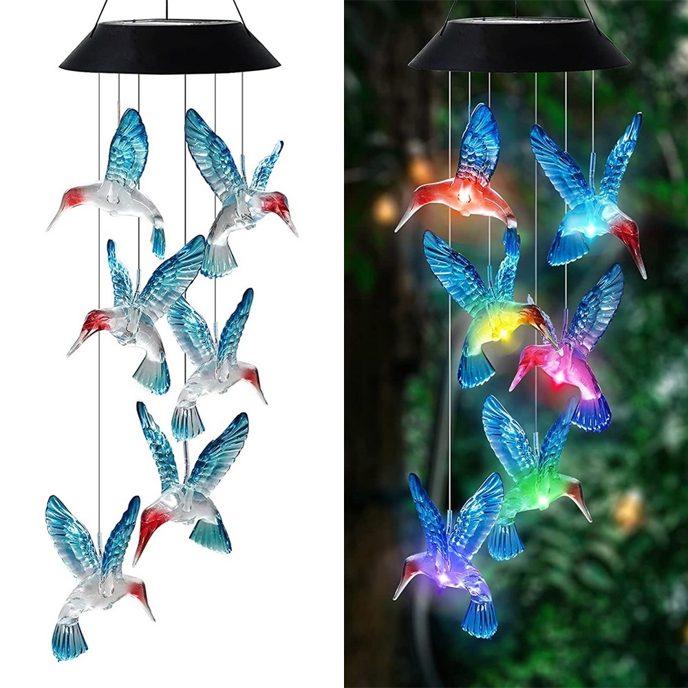 V888-ELOSUNG32988-202507180930-00 Blue Solar Powered Hummingbird Wind Chime(Without bell) - Color-Changing LED Hanging Garden Light Outdoor Decor - Image 1
