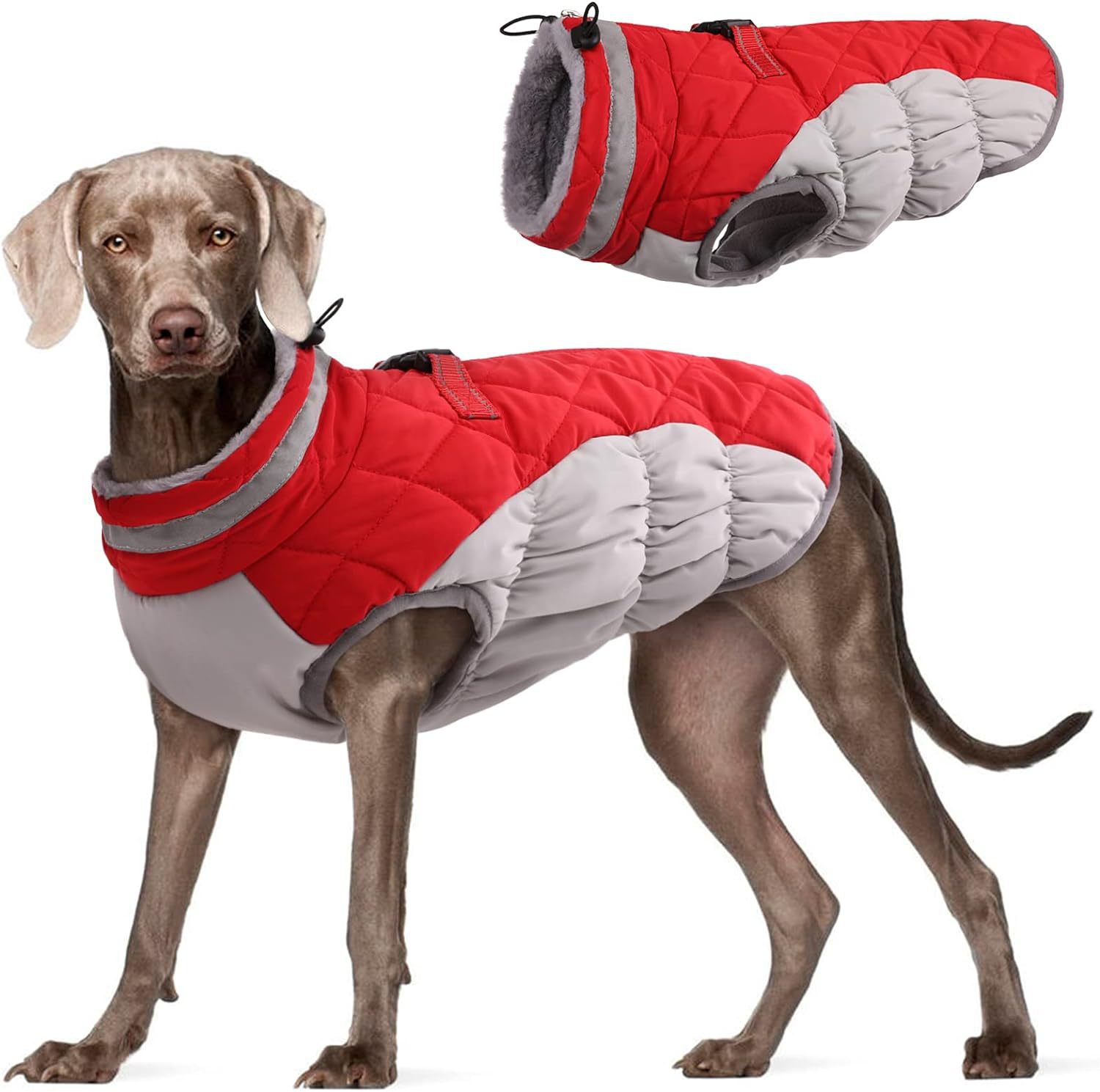 V888-ELOSUNG33656-202507021016-00 M Red Grey Premium Winter Puffer Dog Coat - Windproof & Fleece-Lined Jacket for Cold Weather - Image 1