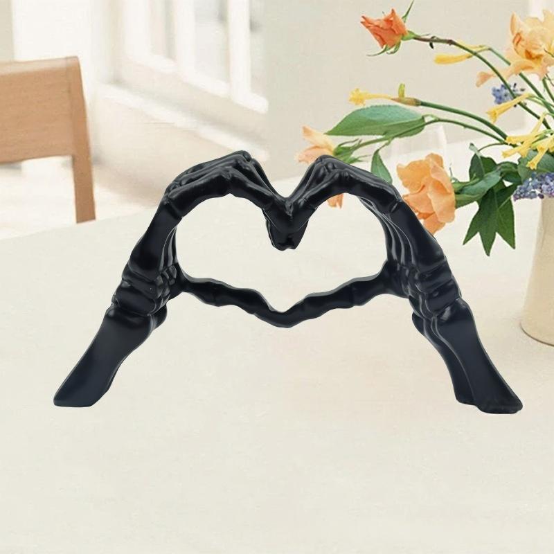 V888-ELOSUNG33889-202509091721-00 Black Gothic Skeleton Hands Heart Sculpture - Macabre Love Figurine for Home & Halloween Decor - Image 1