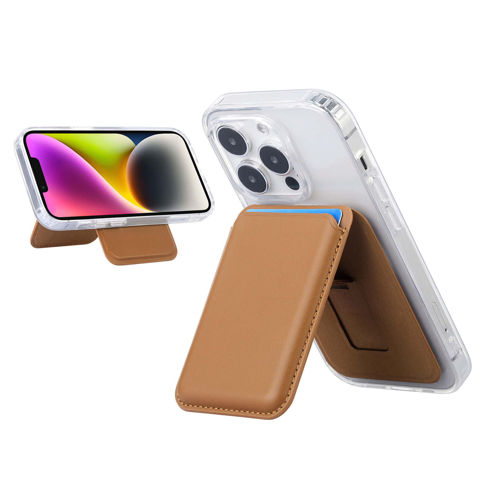 V888-ELOSUNG33919-202509121010-00 Brown Slim Magnetic Card Holder Wallet with Adjustable Kickstand - MagSafe Compatible - Image 1