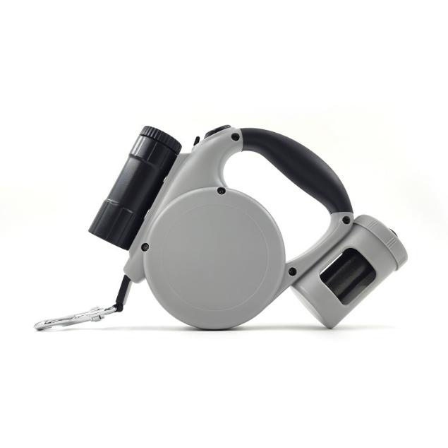 V888-ELOSUNG34348-202507071015-00 Grey 3-in-1 Retractable Dog Leash with LED Flashlight & Poop Bag Dispenser | Heavy Duty Tangle-Free Leash for Safe Night Walks - Image 1