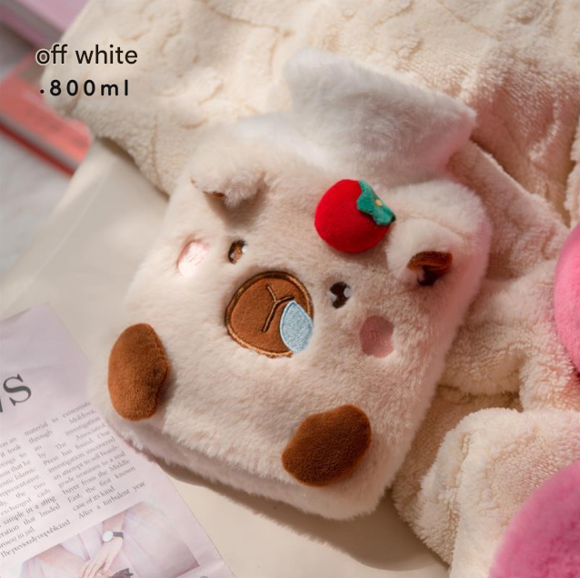 V888-ELOSUNG34362-202507071016-00 Off White Cozy Capybara Hot Water Bottle with Soft Plush Cover | Leak-Proof PVC Water Bag for Soothing Pain Relief & Winter Comfort - Image 1