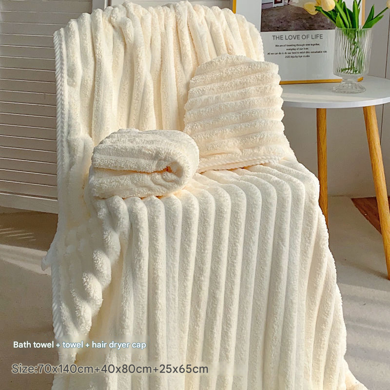 V888-ELOSUNG34497-202507211316-00 White Plush Ribbed Coral Fleece 3-Piece Towel Set - Ultra Soft & Absorbent Bath, Hand Towel and Hair Wrap - Image 1
