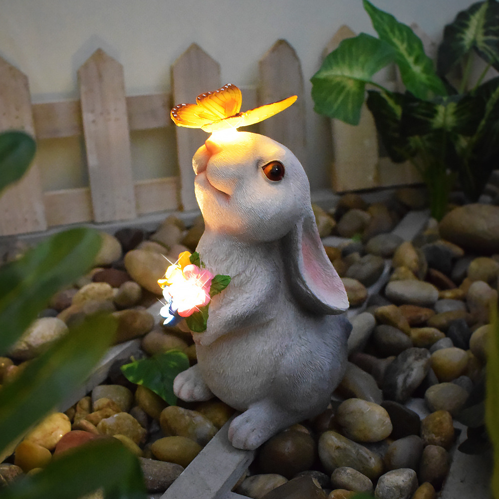 V888-ELOSUNG34545-202507281703-00 Rabbit and Butterfly Charming Solar-Powered Animal Garden Statue - Waterproof Resin Figurine with Glowing LED Accents - Image 1