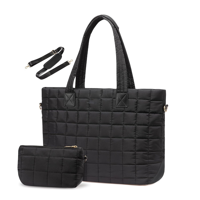 V888-ELOSUNG35502-202507020953-00 Lightweight Quilted Tote Bag for Women - Fits 15.6 Laptop Water-Resistant with Clutch & Luggage Strap(black)" - Image 1
