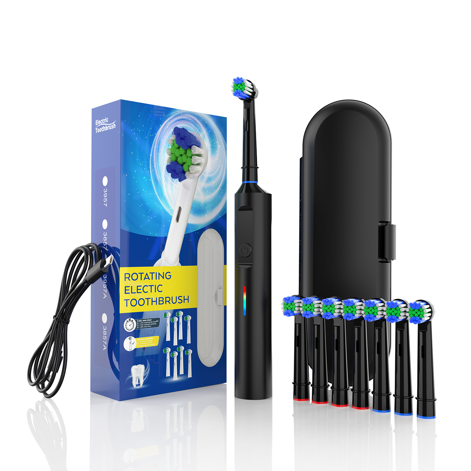 V888-ELOSUNG35584-202507041040-00 Rotating Electric Toothbrush with 3D Cleaning Action - 3 Modes, IPX7 Waterproof, with Travel Case & 6 Brush Heads(black) - Image 1