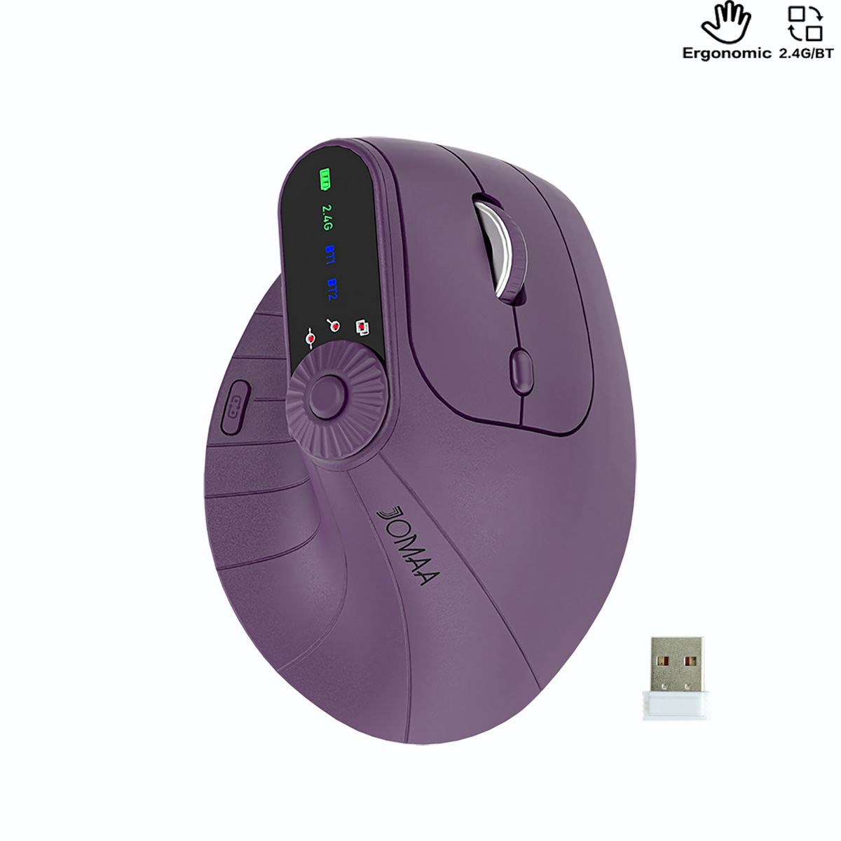 V888-ELOSUNG35693-202507151041-00 Ergonomic Vertical Mouse - 2.4G/Bluetooth Multi-Mode, LED Display, 57-Degree Angle, & 400mAh Battery(Purple) - Image 1