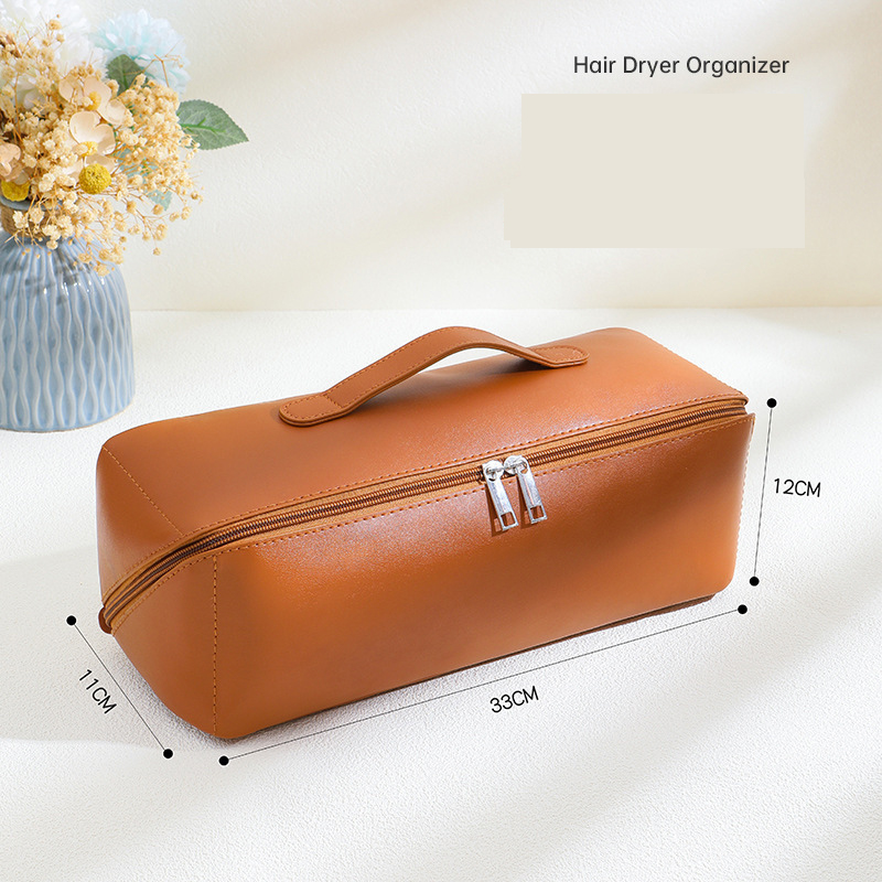 V888-ELOSUNG36061-202507281647-00 Brown Premium PU Leather Travel Case for Hair Styling Tools - Double Layer Waterproof Organizer Bag for Hair Dryer, Curler & Straightener - Image 1