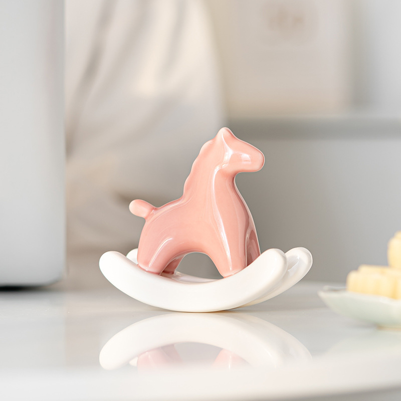 V888-ELOSUNG36158-202508051620-00 Pink Modern Ceramic Rocking Horse Ornament - Cute Porcelain Figurine for Desk & Shelf Decor - Image 1