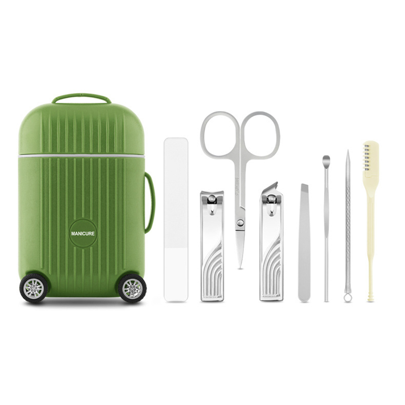 V888-ELOSUNG36176-202508071511-00 Green Mini Suitcase Manicure Set - 8-Piece Portable Grooming & Nail Care Travel Kit - Image 1