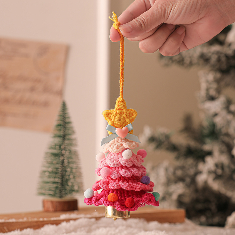 V888-ELOSUNG36204-202508111510-00 2 Pcs Style A Yellow and Pink Handmade Crochet Christmas Tree Ornament - Festive Hanging Decoration with Jingle Bell - Image 1