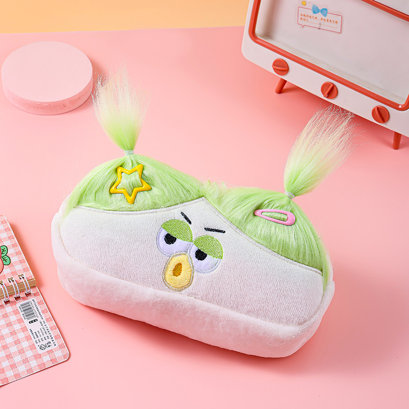 V888-ELOSUNG36418-202509081030-00 Beige and Light Green Hair Cute Plush Monster Pencil Case - Fluffy Stationery Pouch with DIY Styleable Hair for Kids - Image 1
