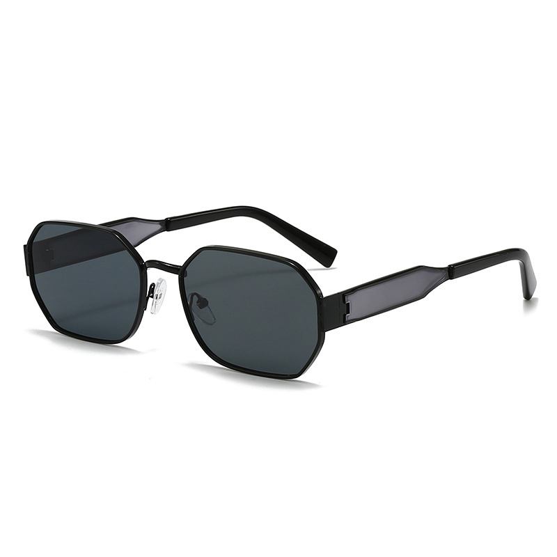 V888-ELOSUNG36435-202509081039-00 Black Frame and Black Grey Lenses Modern Retro Geometric Sunglasses - Chic Metal Frame with UV400 Lenses and Black PU Leather Protective Case - Image 1