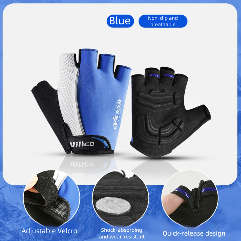 V888-ELOSUNG36454-202509091615-00 Size M Blue Padded Half-Finger Cycling Gloves - Breathable Shock-Absorbing Workout Gloves for Gym & Fitness - Image 1