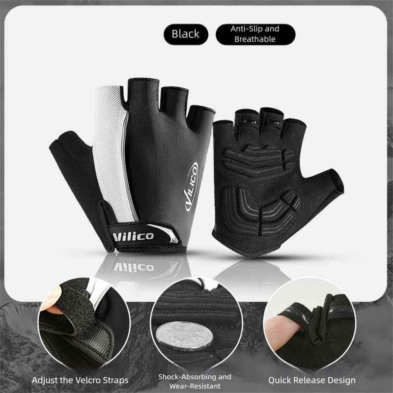 V888-ELOSUNG36457-202509091605-00 Size M Black Padded Half-Finger Cycling Gloves - Breathable Shock-Absorbing Workout Gloves for Gym & Fitness - Image 1