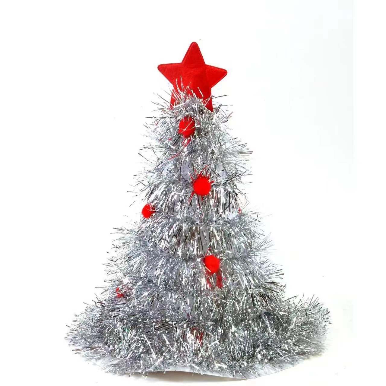 V888-ELOSUNG36475-202509101611-00 Silver Sparkly Tinsel Christmas Tree Hat - Festive Holiday Party Headwear for Adults & Kids - Image 1