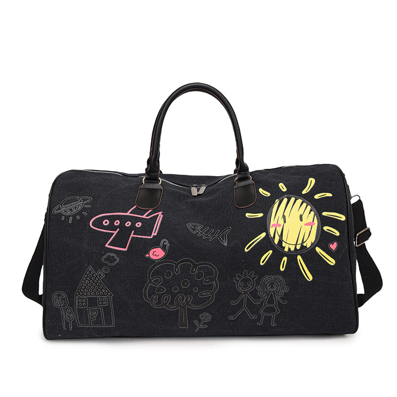 V888-ELOSUNG37027-202509111140-00 Large Capacity Canvas Travel Duffel Bag with Doodle Print - Weekend & Gym Tote(black) - Image 1
