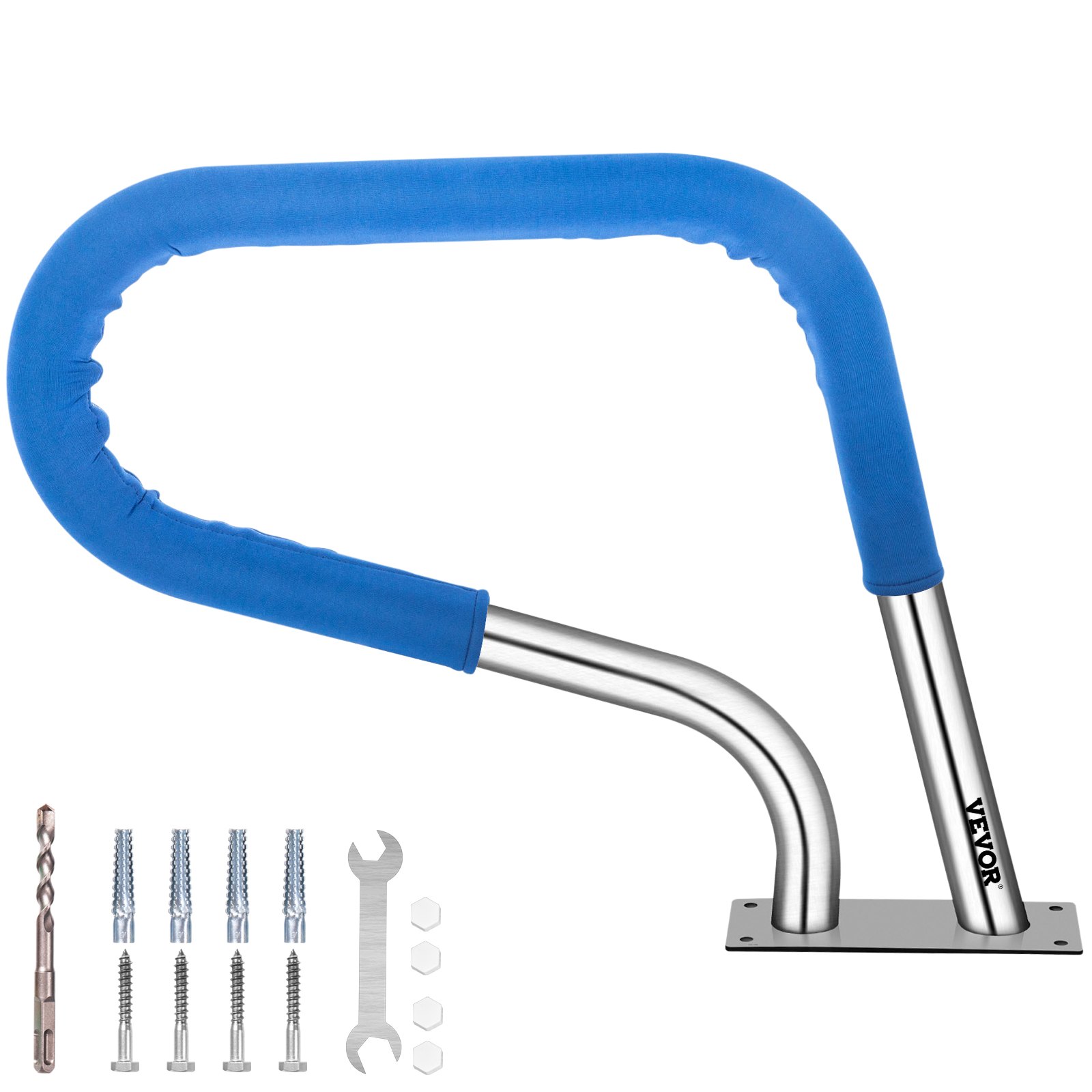 V952-BXGYCFS3W30X22YC1V0-202508012116-00 VEVOR Pool Rail 30x22 Pool Railing 304 Stainless Steel 250LBS Load Capacity Silver Rustproof Pool Handrail Humanized Swimming Pool Handrail with Blue Grip Cover & M8 Drill Bit & Self-Taping Screws - Image 1