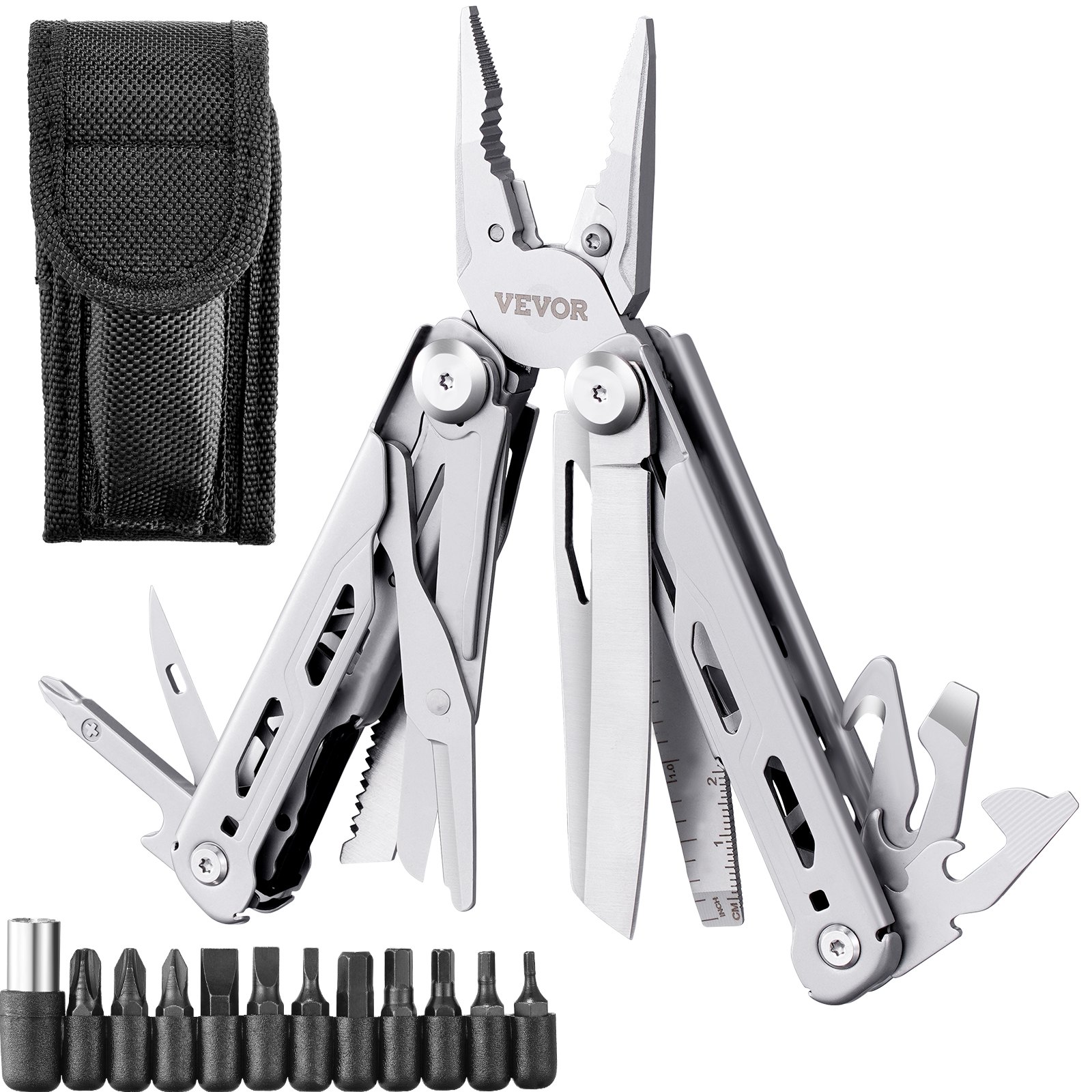 V952-DGNQ420BXG16O8DCKV0-202507141311-00 VEVOR 16-In-1 Multitool Pliers, Multi Tool Pliers, Cutters, Knife, Scissors, Ruler, Screwdrivers, Wood Saw, Can Bottle Opener, with Safety Locking and Sheath, for Survival, Camping, Hunting and Hiking - Image 1