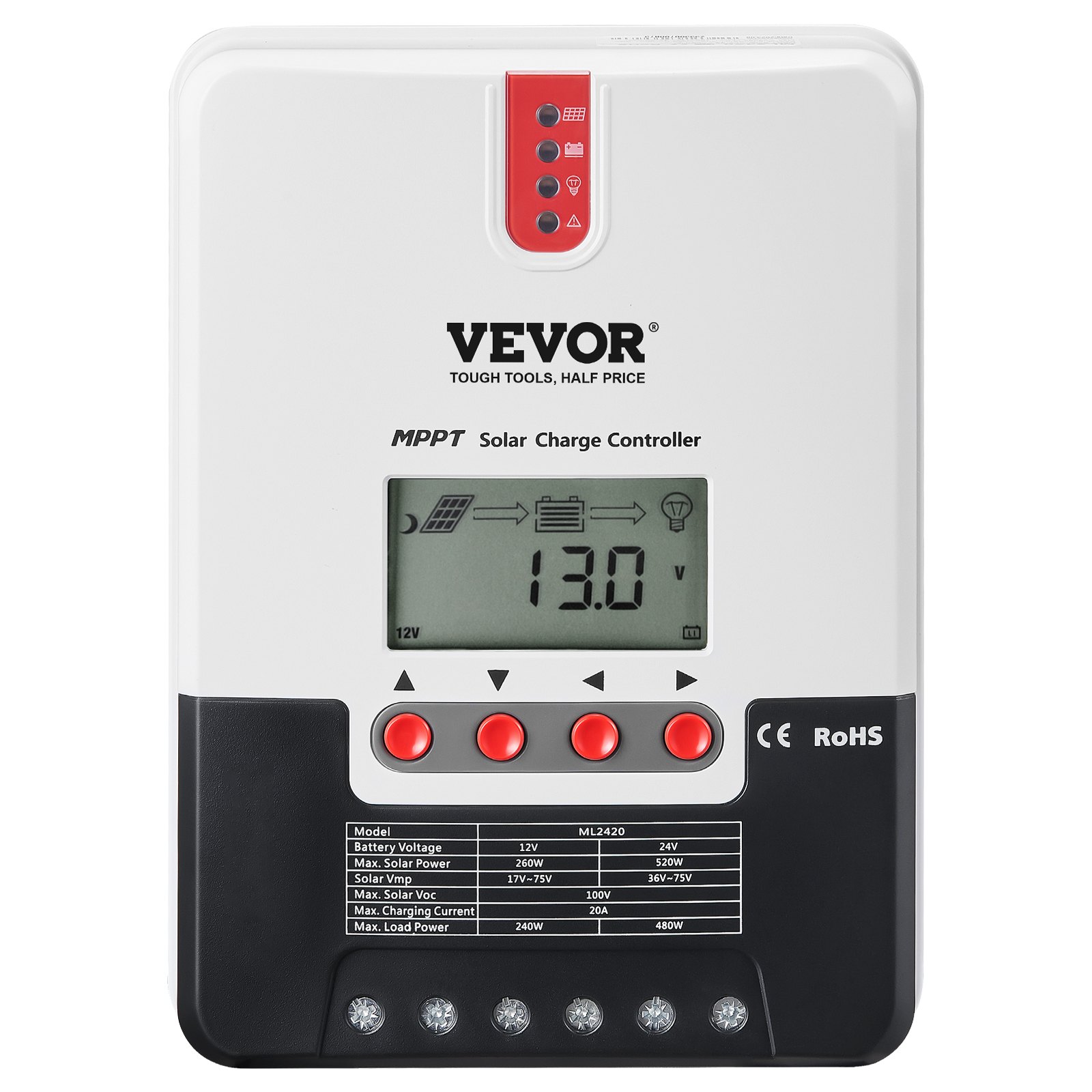 V952-DYTYNCDKZQWYXOHN8V9-202507141418-00 VEVOR 20A MPPT Solar Charge Controller, Auto DC Input, Solar Panel Regulator Charger with LCD Display Temperature Sensor Cable, for Sealed(AGM), Gel, Flooded and Lithium Battery Charging - Image 1