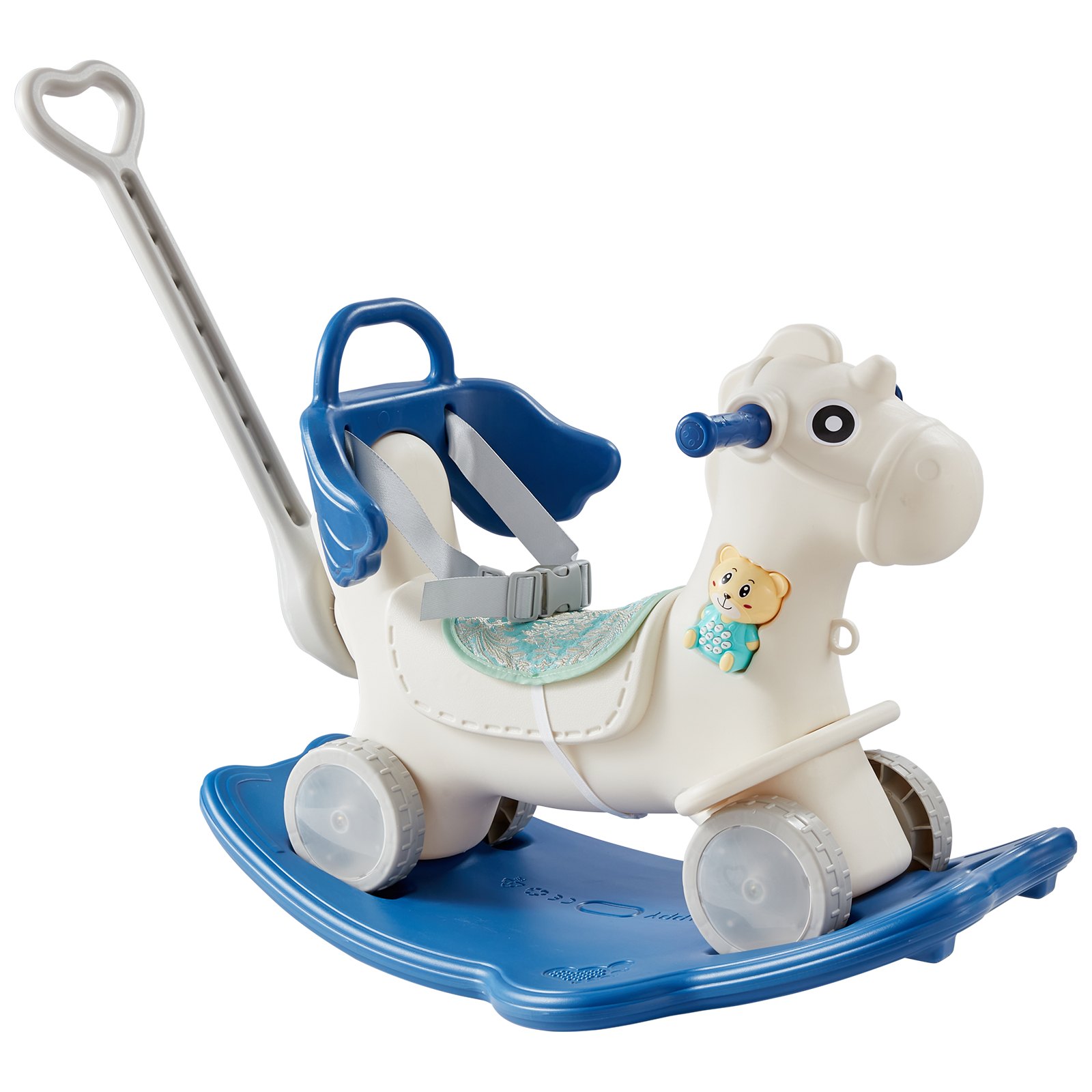 V952-ETYBMSLDGNKTHCEGGV9-202507141436-00 VEVOR 4 in 1 Rocking Horse for Toddlers 1-3 Years, Baby Rocking Horse with Detachable Balance Board, Push Handle and 4 Smooth Wheels, Support up to 80 lbs HDPE Kids Ride on Toy with Sound, Blue - Image 1