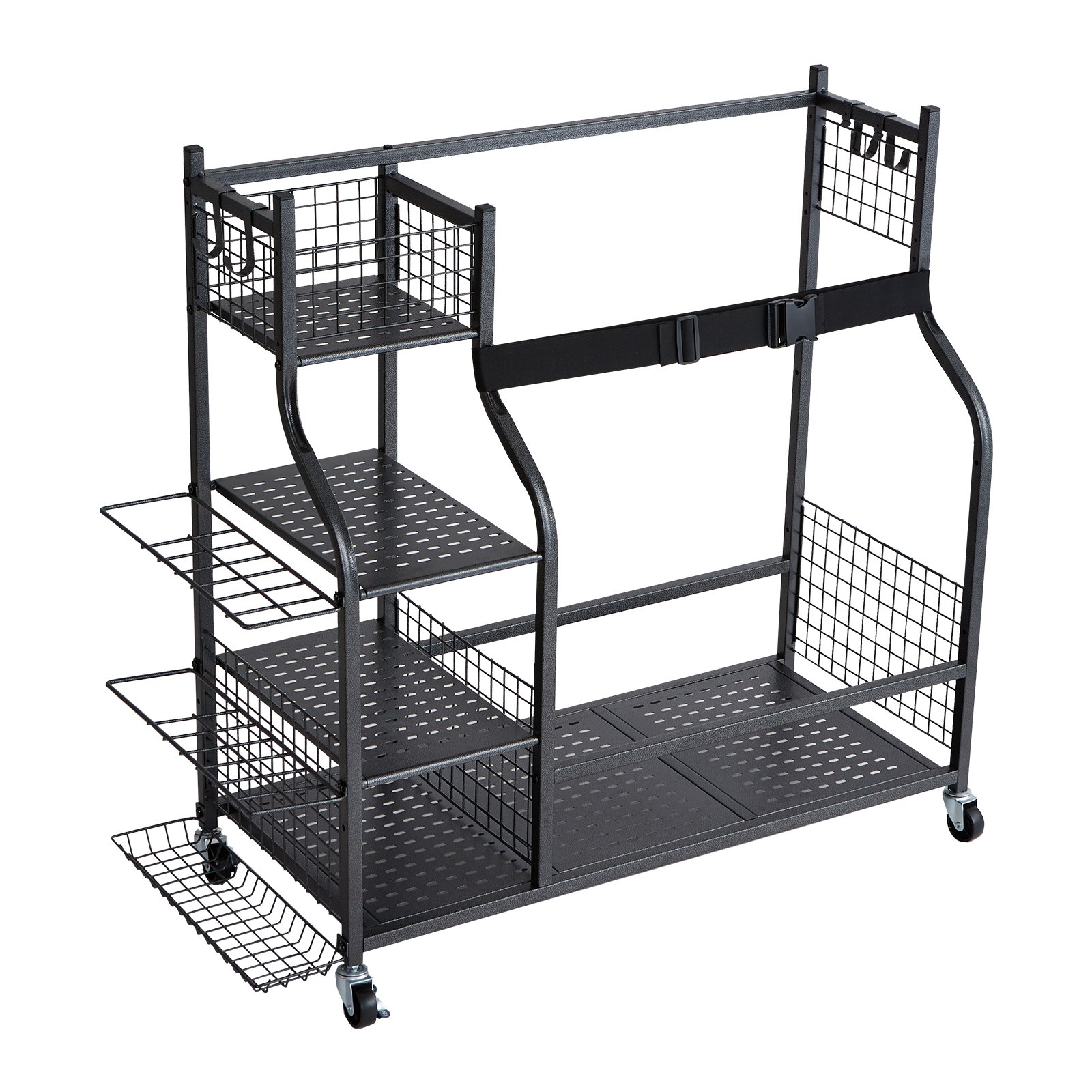 V952-GEFSNJHSS4G25AL4YV0-202507141643-00 VEVOR Golf Storage Garage Organizer, 2 Golf Bag Stand Holder and Other Sports Equipment Storage Rack, Rolling Ball Cart on Wheels, Outdoor Sport Gear and Toy Storage with Baskets & Hooks, Steel, Black - Image 1