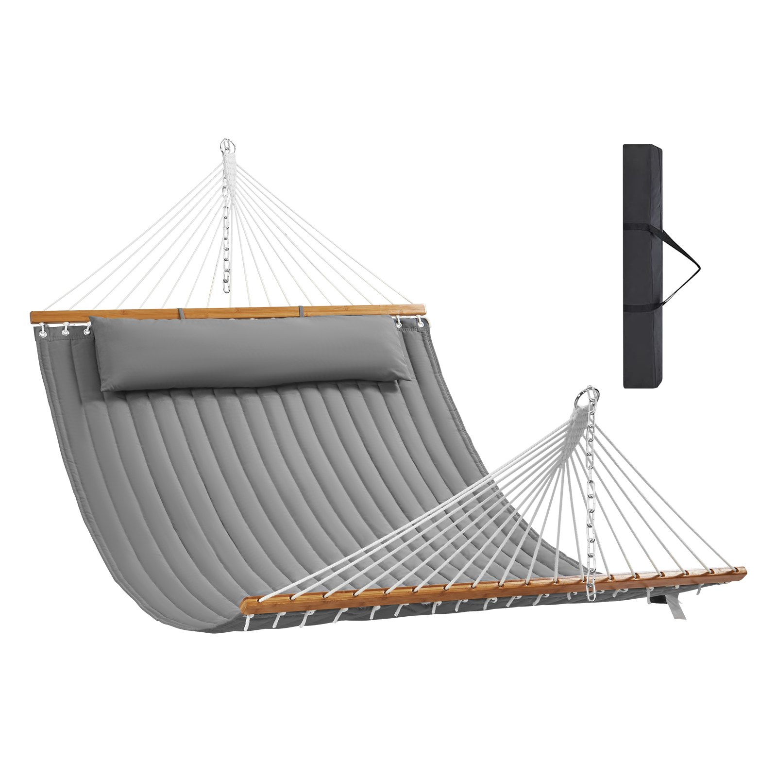 V952-HFDCBDZJYZXCHF9R8V0-202507141440-00 VEVOR Double Quilted Fabric Hammock, 12 FT Double Hammock with Hardwood Spreader Bars, 2 Person Quilted Hammock with Detachable Pillow and Chains for Camping Outdoor Patio Yard Beach, 480 lbs Capacity - Image 1