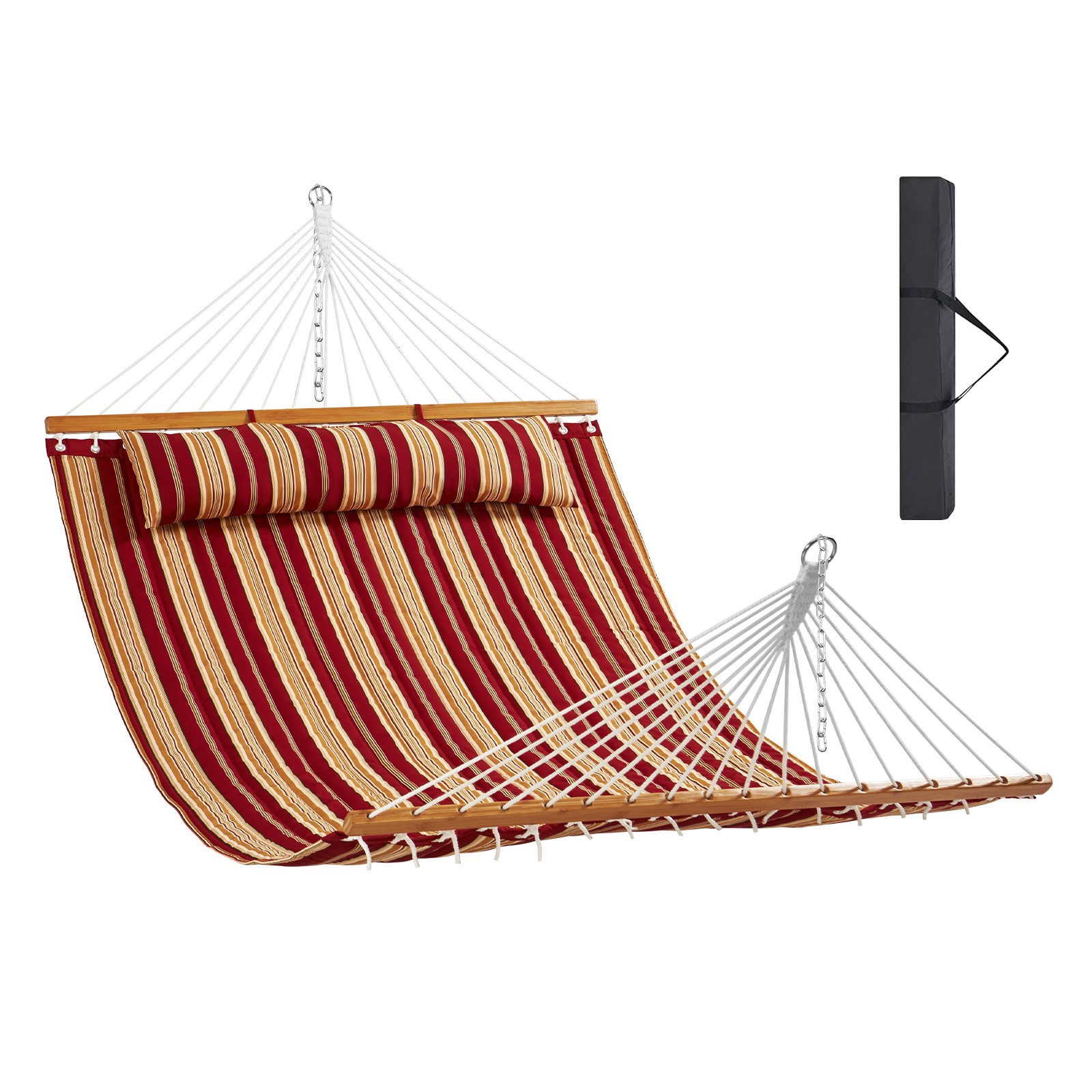 V952-HFDCBDZJYZXT62NZ4V0-202507141530-00 VEVOR Double Quilted Fabric Hammock, 12 FT Double Hammock with Hardwood Spreader Bars, 2 Person Quilted Hammock with Detachable Pillow and Chains for Camping Outdoor Patio Yard Beach, 480 lbs Capacity - Image 1