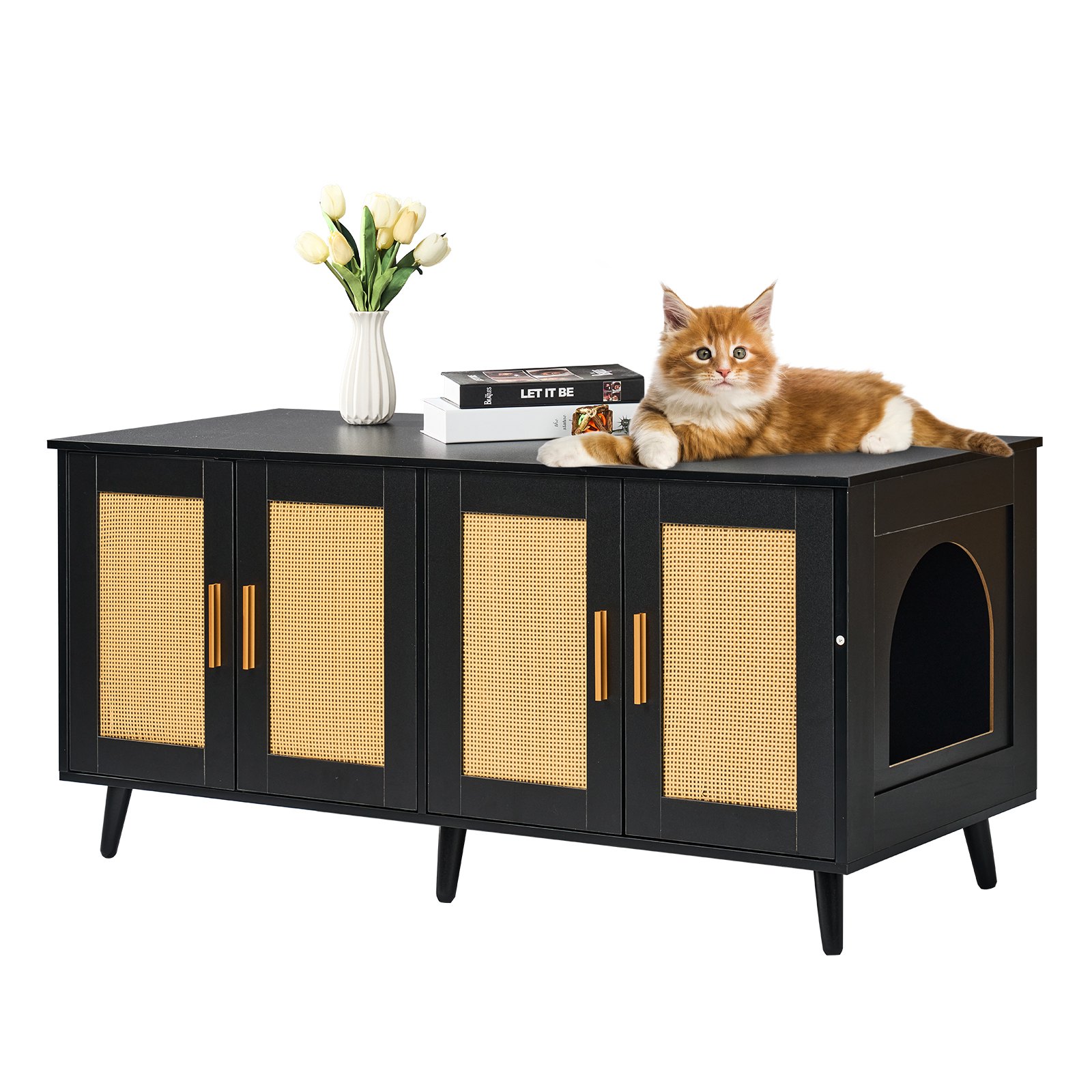 V952-JSDMMSPWQ472J3GQVV0-202508011421-00 VEVOR Cat Litter Box Enclosure Wooden Litter Box Furniture Hidden 2 Rooms Black - Image 1