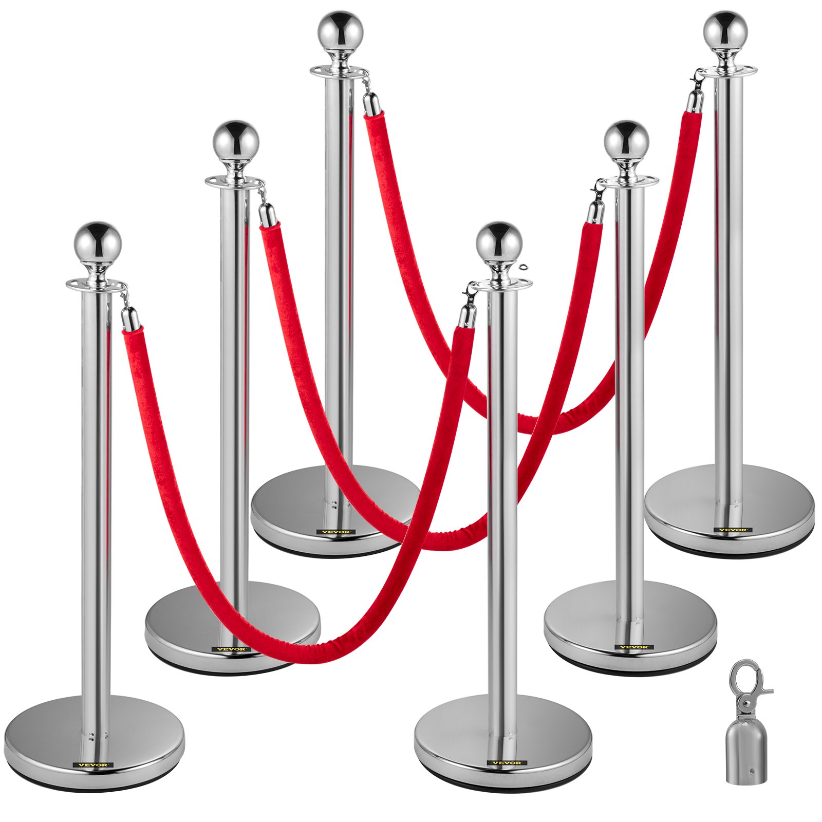 V952-QTGLZYSBXGZX6SE4XV0-202508011438-00 VEVOR 6PCS Red Rope Stanchion Silver Post Crowd Control Queue Line Barrier - Image 1