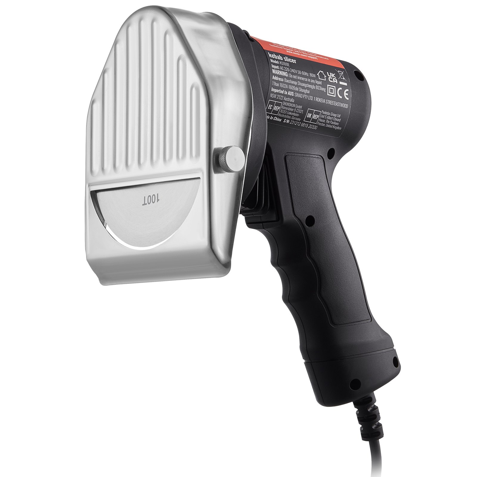 V952-TEQKRDW80WBDNAO7VV3-202508012330-00 VEVOR Electric Shawarma Knife, 80W Professional Turkish Kebab Knife, Commercial Stainless Steel Gyro Cutter, Doner Kebab Meat Slicer with 2 Blades, Φ4"/100mm Blade Diameter, 0-8mm Adjustable Thickness - Image 1