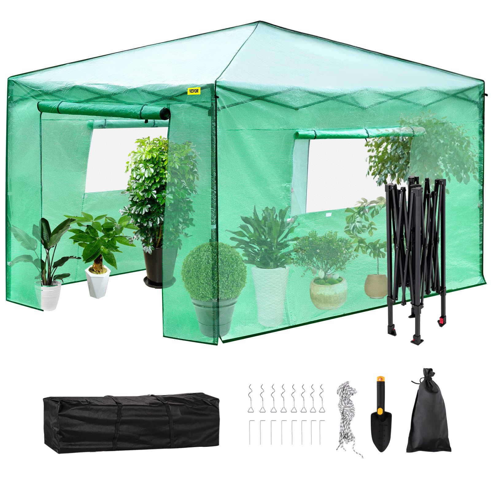 V952-ZDBXSHYW-128814R5V0-202507141511-00 VEVOR 12'x 8'x 8' Pop-Up Greenhouse, Set Up in Minutes, Portable Greenhouse with Doors & Windows. High Strength PE Cover & Powder-Coated Steel Construction - Image 1