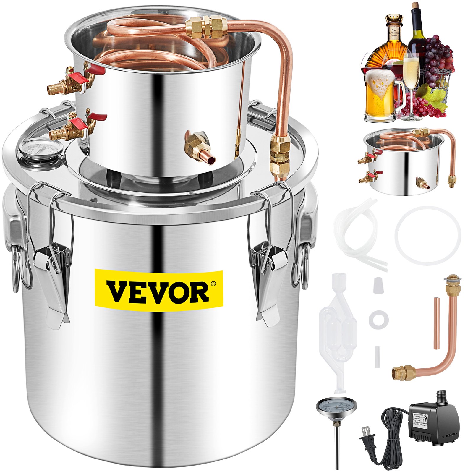 V952-ZLQDLNTDBA50LPYJAV3-202507141735-00 VEVOR 50L Water Alcohol Distiller Copper Moonshinestill Brewing w/ Water Pump - Image 1