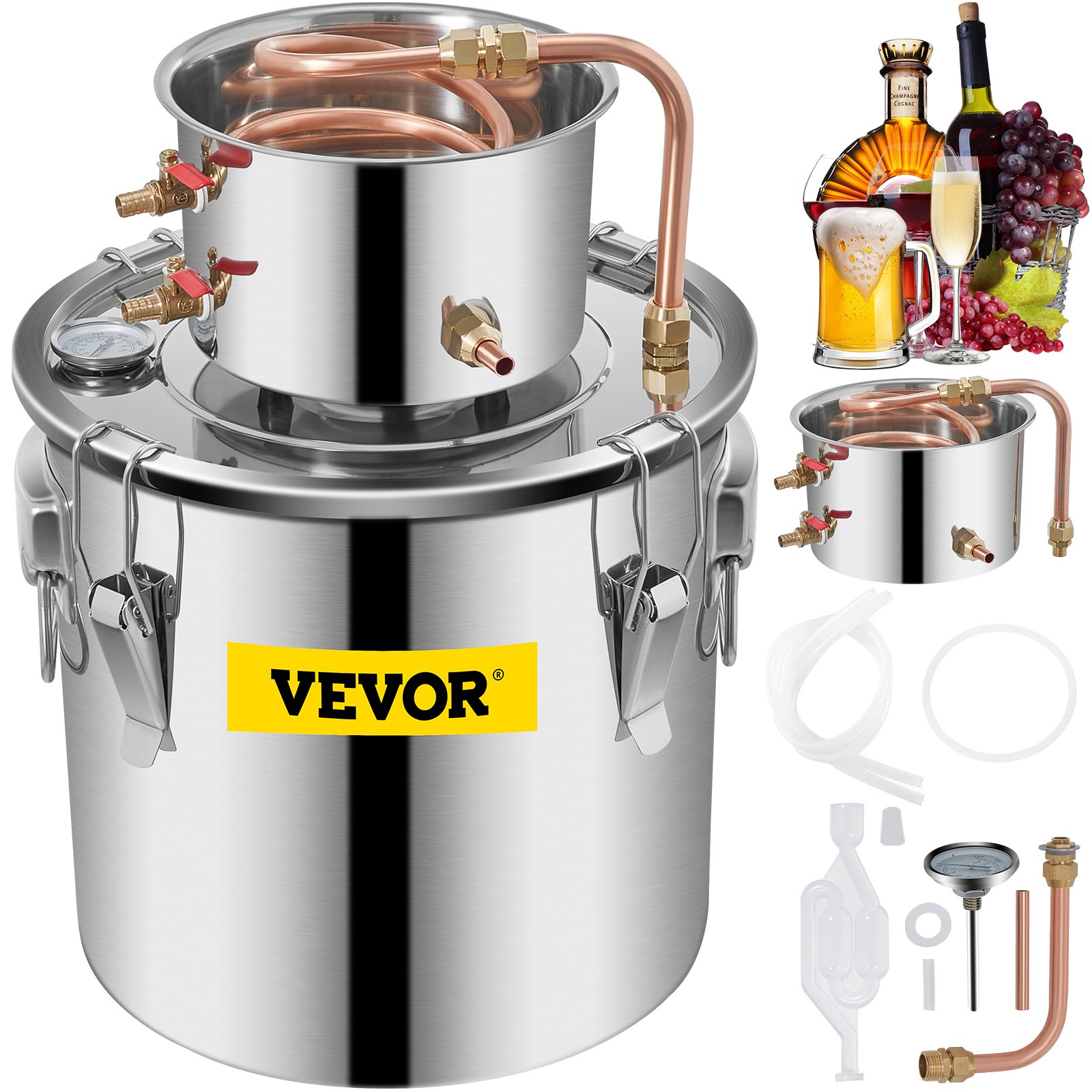 V952-ZLSJ5GALZLQ000001V0-202508012135-00 VEVOR Moonshine Still 5 Gal 21L Stainless Steel Water Alcohol Distiller Copper Tube Home Brewing Kit Build-in Thermometer for DIY Whisky Wine Brandy, 5Gal, Silver - Image 1